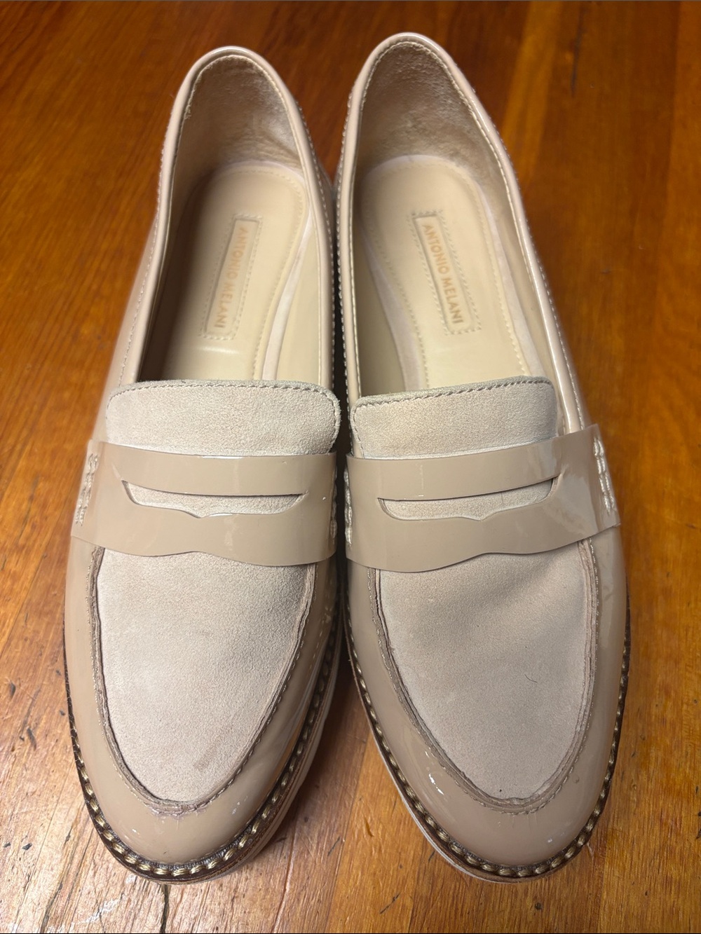 ANTONIO MELANI Nude Patent & Suede Penny Loafers